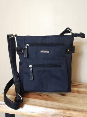 Roots Blue Canvas Crossbody Bag Black Leather Adjustable Strap Travel Organizer